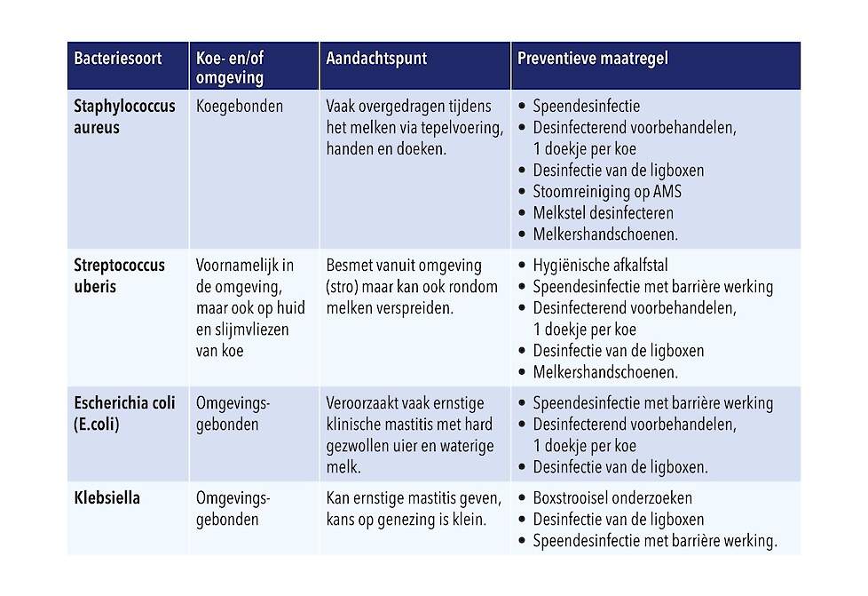 Tabel 1. De meest voorkomende bacteriesoorten die mastitis veroorzaken en maatregelen die u kunt nemen.