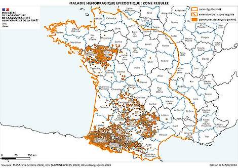 Dit kaartje van het Franse ministerie van landbouw laat zien waar de EHD-besmettingen zitten.