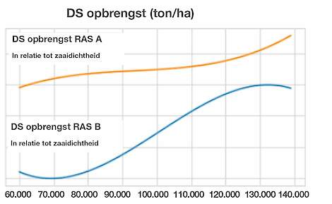 Afbeelding 2 - Drogestofopbrengst in ton/ha bij verschillende zaaidichtheden bij twee maisrassen