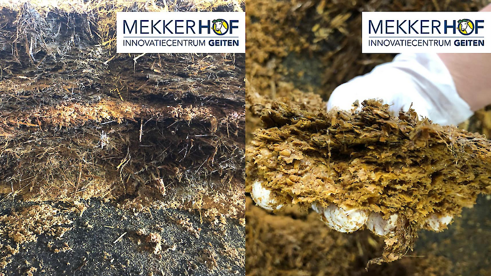 Links: Doorsnede potstal met onderlaag van speltdoppellets, rechts: onderlaag van speltdoppellets