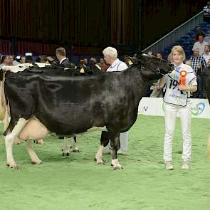 Met haar ruim 16 jaar was Geertje 166 (Leaf x Sunny Boy) de op één na oudste koe in de ring. De koe van de familie Regelink uit Laag-Keppel produceerde al 145.000 kilo melk.