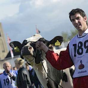 Jeroen Dolstra begeleidt algemeen kampioene Bons-Holsteins Ella 139 (v. Boss Iron). Op de achtergrond wordt reservekampioen Teus van Dijk geïnterviewd.