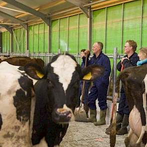 Bea, Jan Willem, Erjan en Leonie te Biesebeek (vlnr) kijken tevreden naar hun koeien in de nieuwe stal.