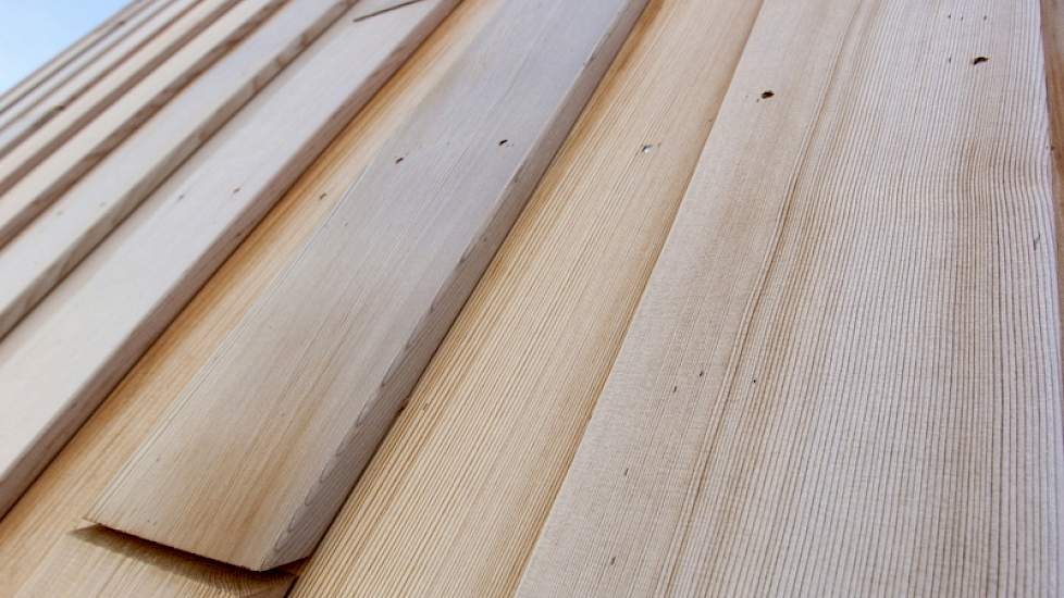 Twee man is twee maanden bezig geweest met het vastnagelen van de western red cederhouten planken. De planken zijn aan de uiteinden zo gezaagd dat het regenwater er niet in blijft staan, de nagels zijn van roestvrijstaal zodat er geen roestuitloop op de p