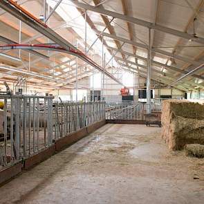 Zicht op de melkvee-afdeling vanaf de aanbouw voor het voor jongvee.