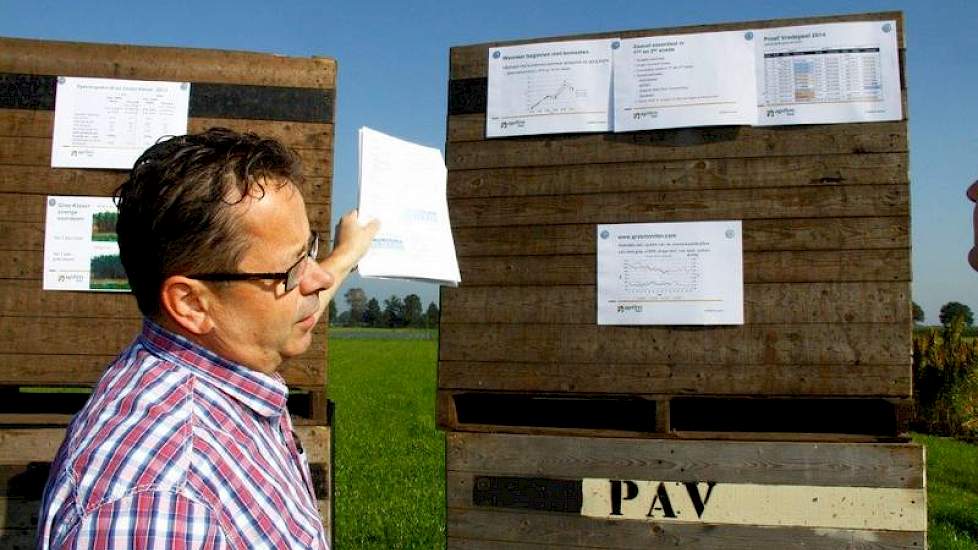 Toine Heijmans, productmanager ruwvoermanagement bij Agrifirm, wijst op een bord naar de resultaten van bodemtemperatuur in relatie met bemesting, zwavelbemsting in grasland en de teelt van gras-rode klaver.