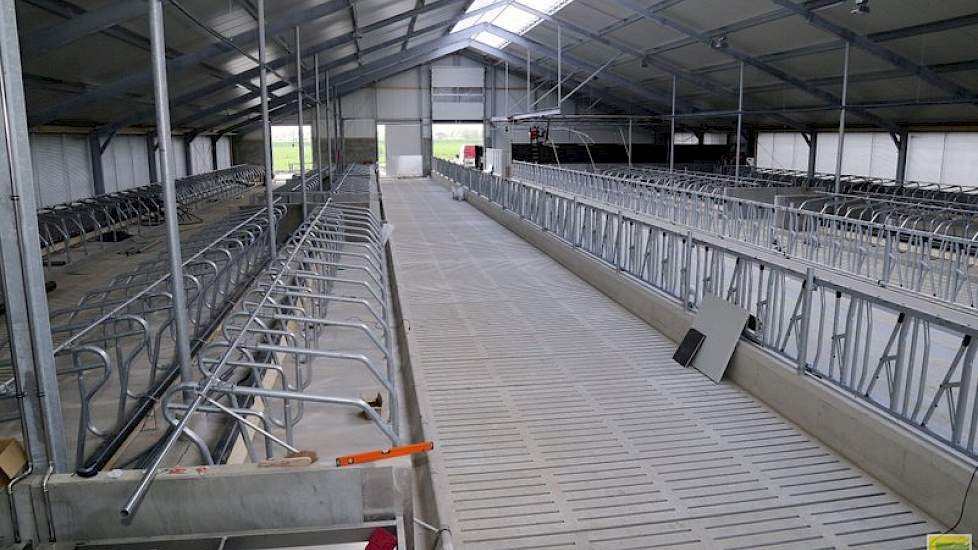 Een overzicht van de stal vanaf de melkrobots. Uit kostenoverweging en arbeidsefficiëntie is de stal compact gebouwd. Rechts achterin de stal is de voerkeuken voor de voerrobot.