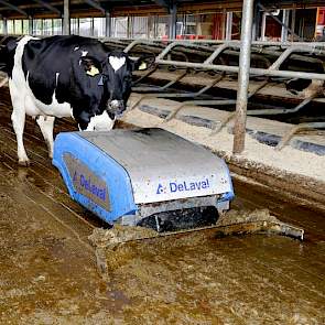 Gekozen is voor een mestschuif die water vooruit sproeit, om zo aangekoekte mest beter mee te borstelen naar de afvoer geulen.