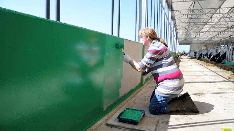 Saskia is bezig de laatste betonnen wanden groen te coaten.