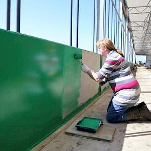 Saskia is bezig de laatste betonnen wanden groen te coaten.