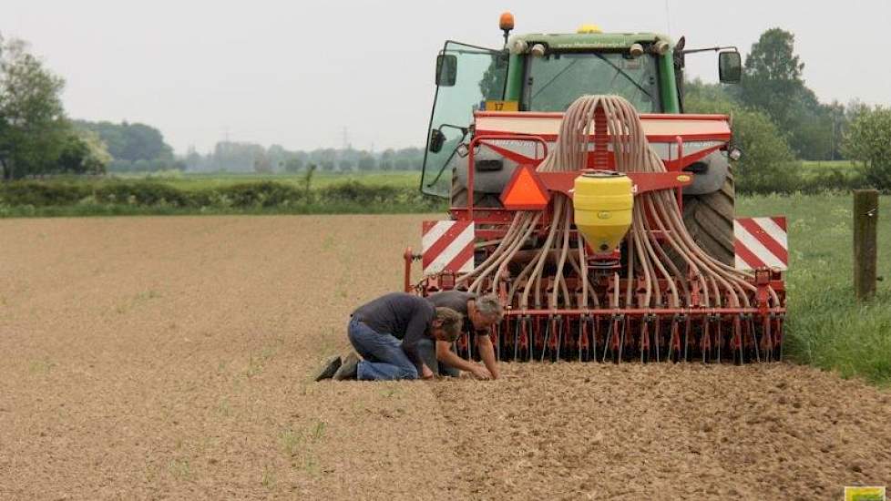 Op 2 hectare waar voorheen gras stond, brengt de loonwerker het luzernezaad in de grond. Tussen de 12 schijven valt (op het oog) iedere centimeter een zaadje, dat op 2 centimeter diep zal gaan kiemen.