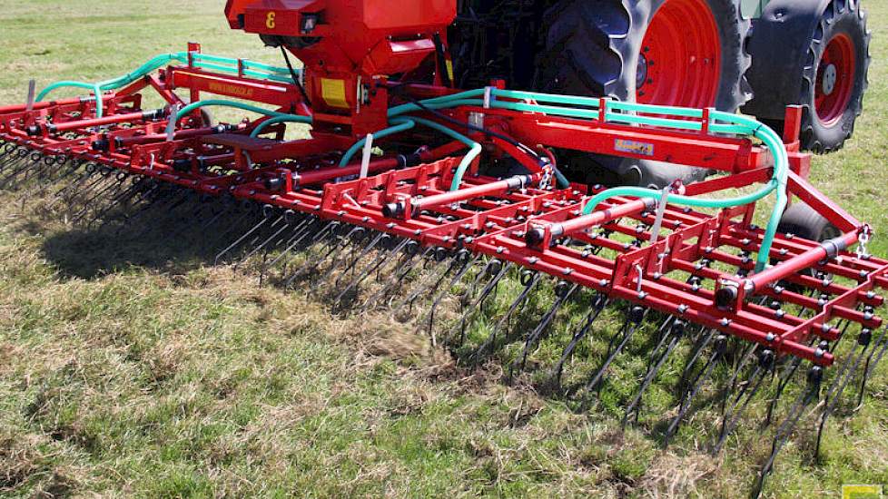 Niet in maar óp de grond is de 6 meter brede wiedeg van Einbock actief. Vier velden met zes rijen tanden zijn in stand en dikte verstelbaar. Zo’n 5 hectare per uur kun je halen (ook in de mais). De machine laat zien dat de ruwbeemd prima is los te trekken