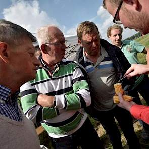 Fred Lugthart van Limagrain liet de veehouders zien hoe ze het beste de optimale oogsttijdstip kunnen beoordelen. 'Snijdt altijd de pitten door de midden', is zijn advies. 'Er in knijpen zegt te weinig over het exacte drogestof-percentage.'