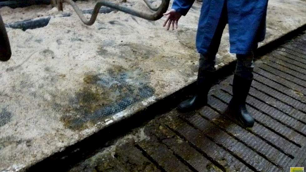 De adviseur wijst naar een box waar een koe melk heeft uitgelegen. „Een lage pens-pH kan ervoor zorgen dat de benutting van calcium wordt beperkt. Dit heeft ook zijn weerslag op de slotgaten waardoor koeien makkelijker melk uitliggen.” Overigens betekent