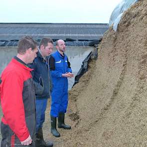 Van Maanen begint zijn ronde bij de maïskuil die op dit moment wordt gevoerd. Ook De Kruijf zijn eigen voeradviseur van Agrifirm is bij het bezoek aanwezig. De veehouder heeft twee maïskuilen liggen. Deze maiskuil bevat 984 VEM en 399 gram zetmeel bij 40